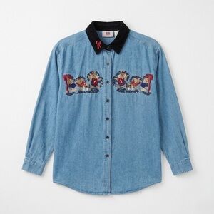 Vintage Faded Glory Women's Christmas Teddy Bear Denim Shirt, size 14W/16W